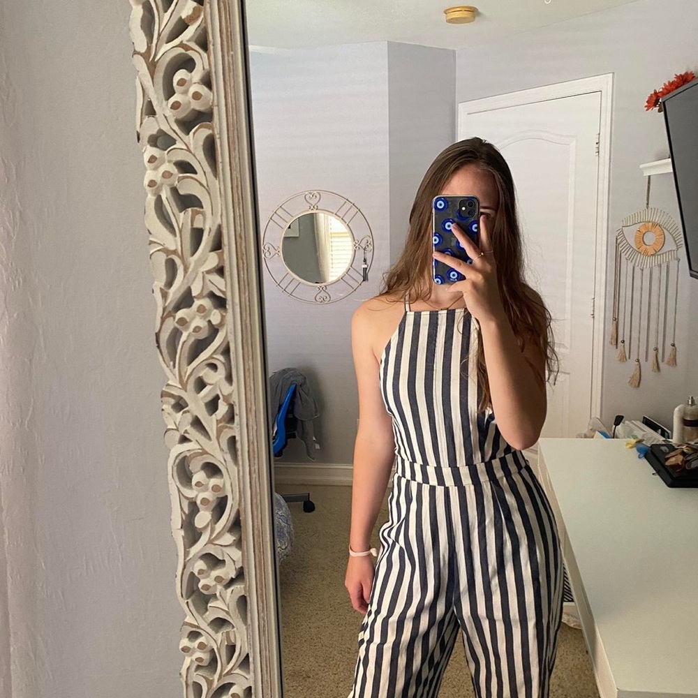Blue and White Pin-Stripe Jumpsuit with Strappy Back
